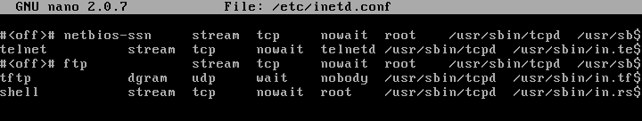 `inetd.conf` with `telnet stream tcp nowait root /usr/sbin/tcpd /usr/sbin/in.telnetd`